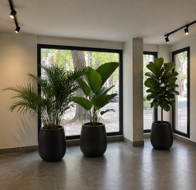 Macetas oscuras con plantas tropicales en lobby moderno